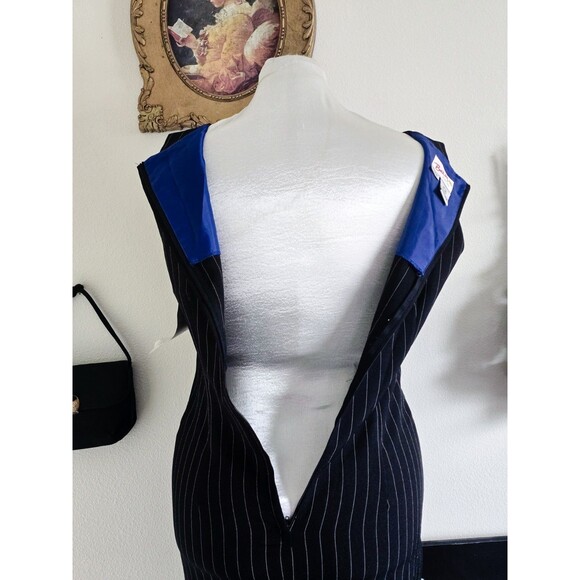 Vintage 80s Black Pinstripe Sleeveless Mini Bodycon Pencil Dress Sz M L - Picture 7 of 9
